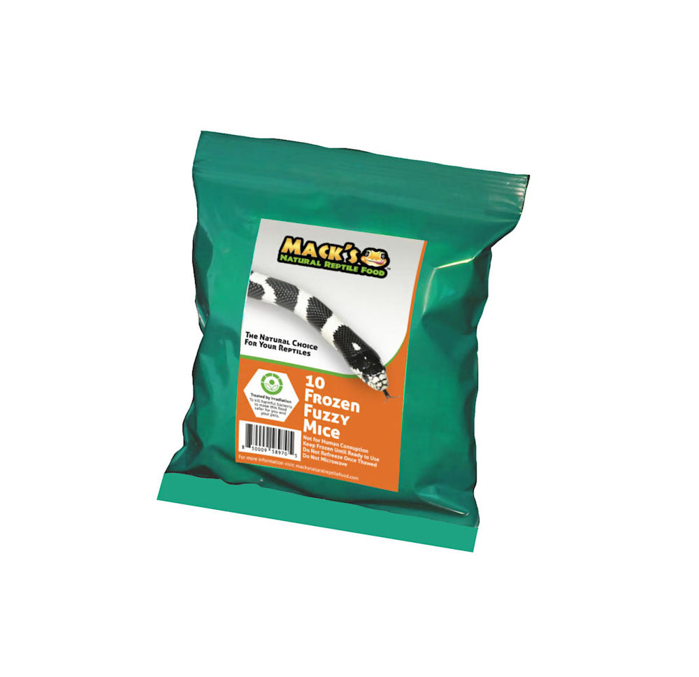 Mack's Natural Reptile Food offers these frozen Fuzzy Mice in a bulk bag of 10 individually wrapped mice