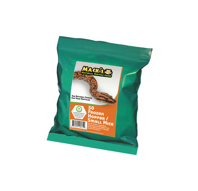 Mack's Natural Reptile Food offers these frozen Hopper/Small Mice in a bulk bag of 50 individually wrapped mice