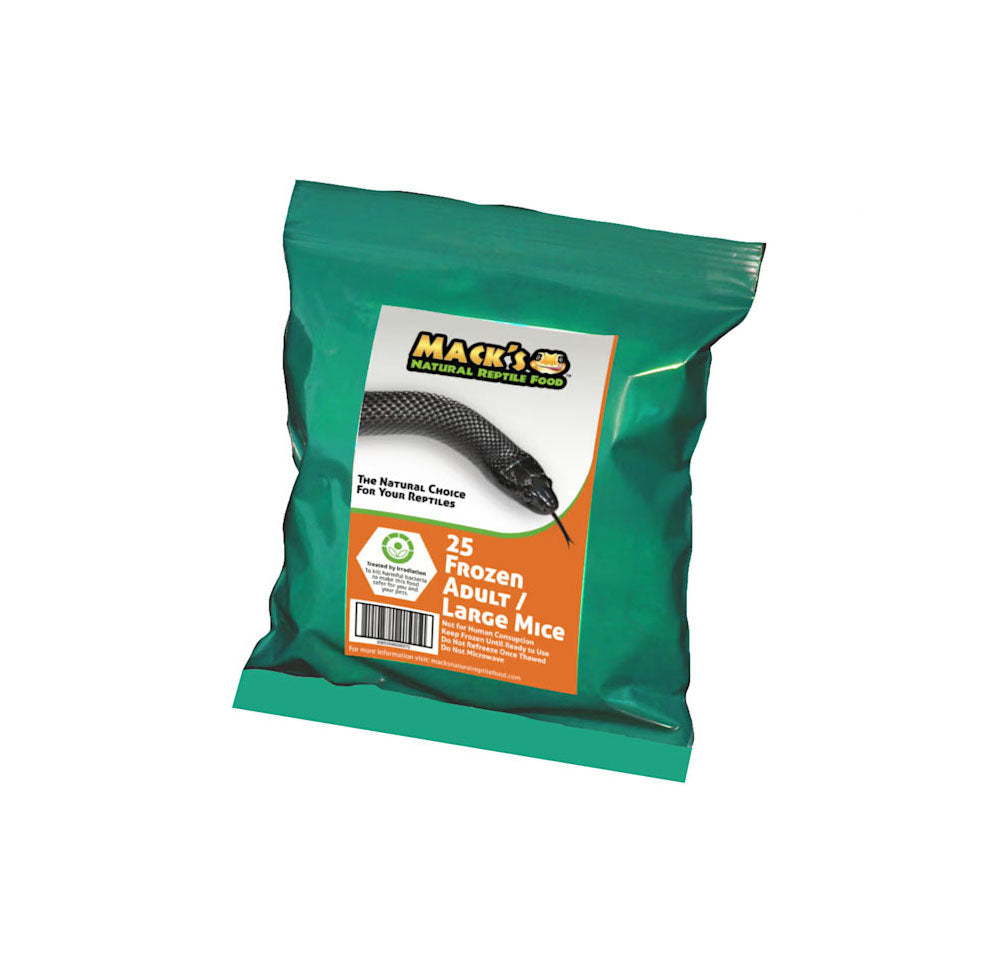 Mack's Natural Reptile Food offers these frozen large mice in a bulk bag of 25 individually wrapped mice