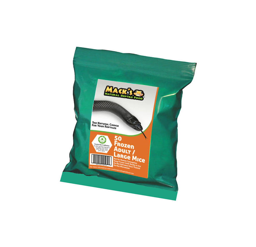 Mack's Natural Reptile Food offers these frozen large mice in a bulk bag of 50 individually wrapped mice