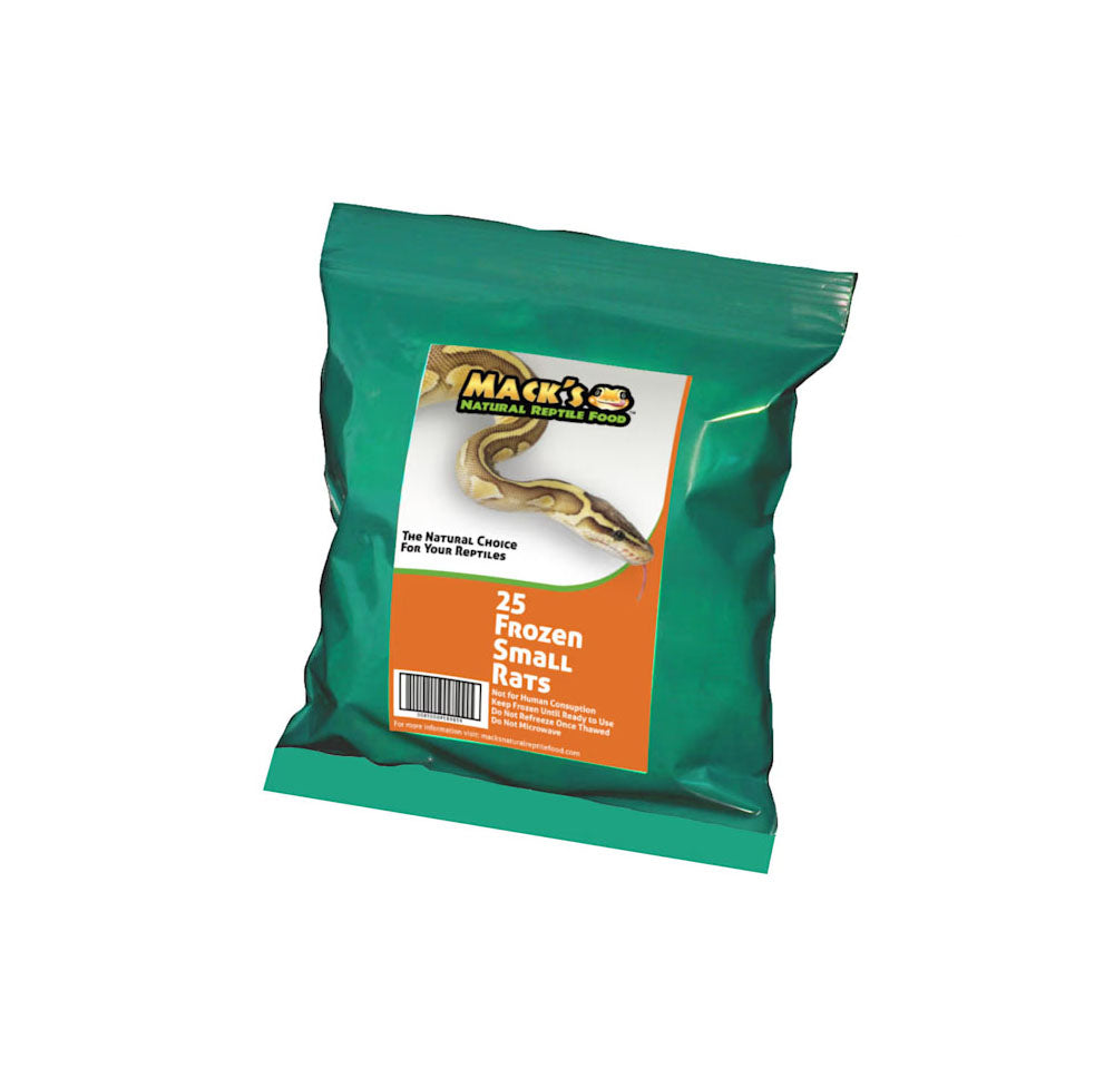 Mack's Natural Reptile Food offers these frozen small rats in a bulk bag of 25 individually wrapped rats