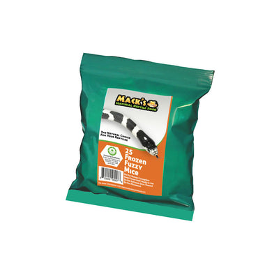 Mack's Natural Reptile Food offers these frozen Fuzzy Mice in a bulk bag of 25 individually wrapped mice