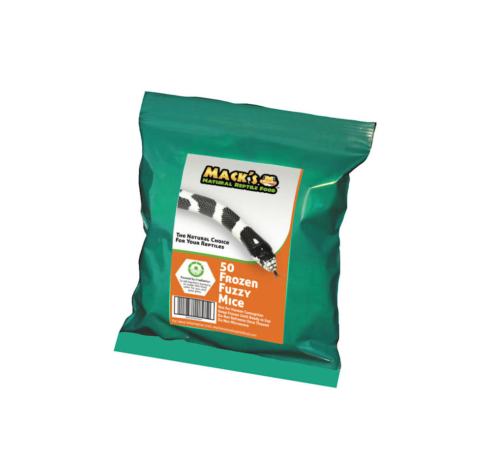 Mack's Natural Reptile Food offers these frozen Fuzzy Mice in a bulk bag of 50 individually wrapped mice