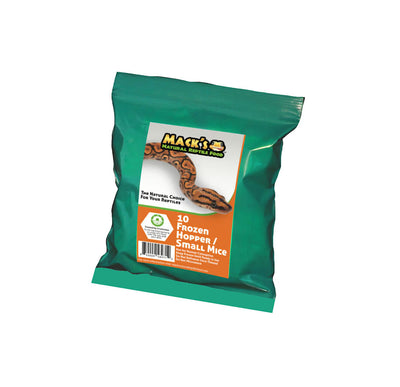 Mack's Natural Reptile Food offers these frozen Hopper/Small Mice in a bulk bag of 10 individually wrapped mice