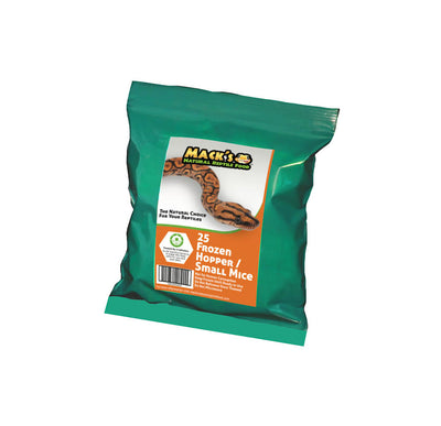 Mack's Natural Reptile Food offers these frozen Hopper/Small Mice in a bulk bag of 25 individually wrapped mice