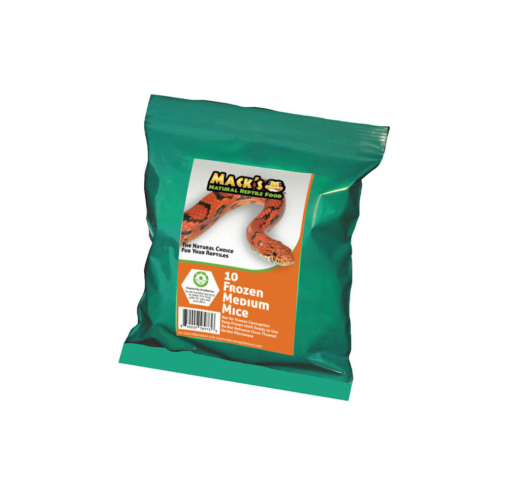 Mack's Natural Reptile Food offers these frozen medium mice in a bulk bag of 10 individually wrapped mice