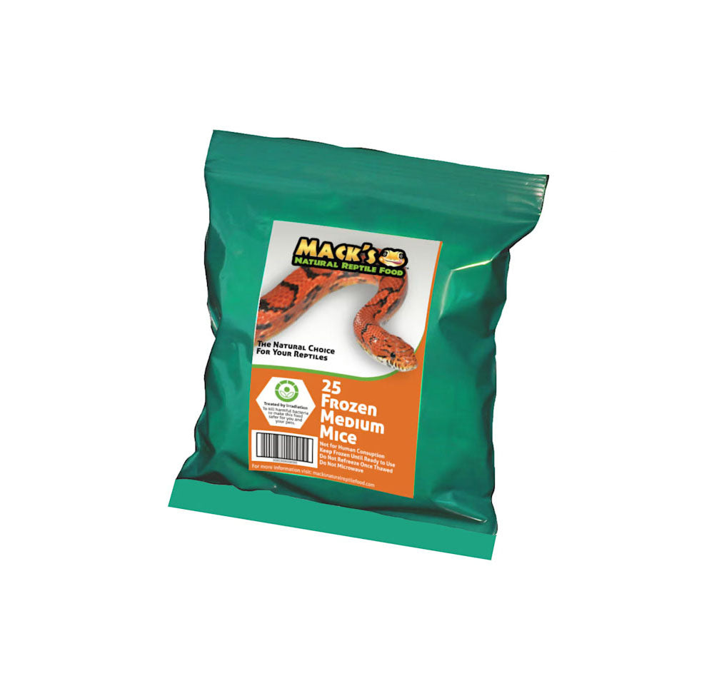 Mack's Natural Reptile Food offers these frozen medium mice in a bulk bag of 25 individually wrapped mice