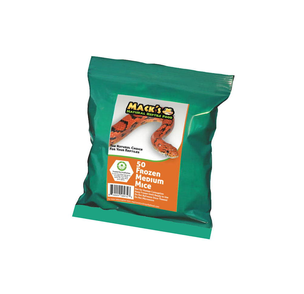 Mack's Natural Reptile Food offers these frozen medium mice in a bulk bag of 50 individually wrapped mice