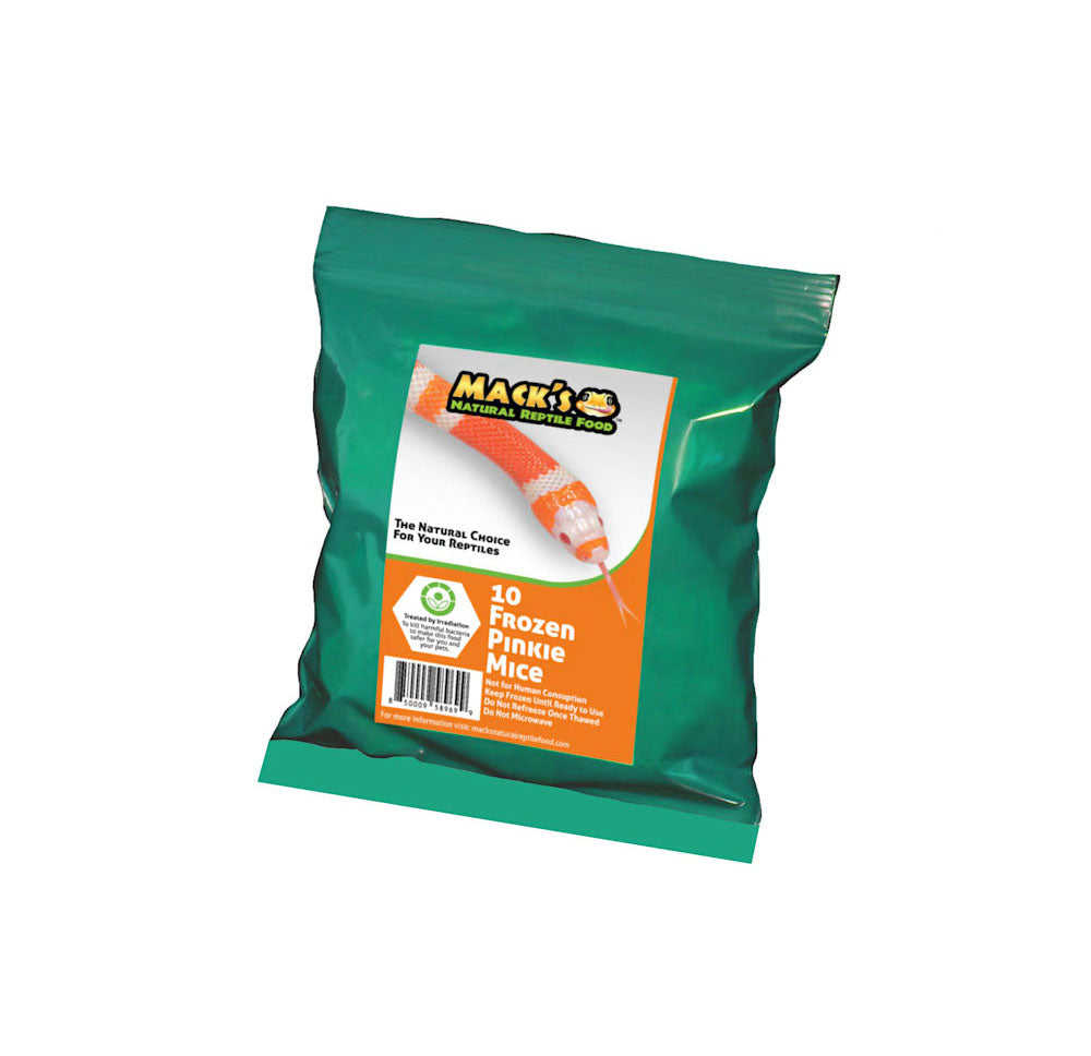 Mack's Natural Reptile Food offers these frozen Pinkie Mice in a bulk bag of 10 individually wrapped mice