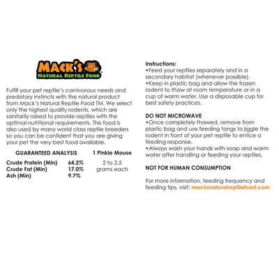 Mack's Natural Reptile Food Pinkie Mice analysis with thawing and feeding instructions