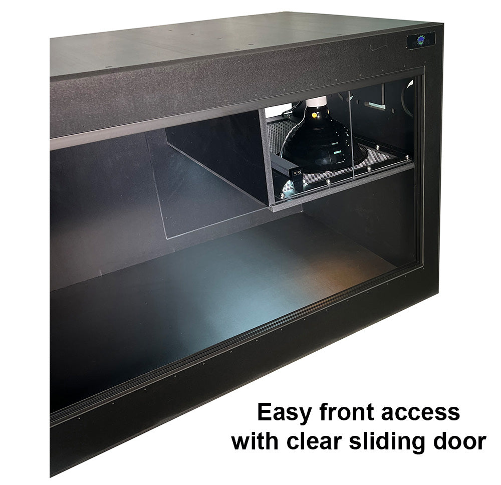 This unique design features a clear front sliding door for easy front access to the lighting units
