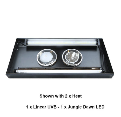 Arcadia's ThermalZooPro is Available in two deferent layouts and this one is - 2 x heat, 1 x Linear UVB and 1 x Jungle Dawn LED 