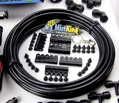 The Advanced Misting System includes 35 feet of 1/4 inch tubing plus another 15 feet of 3/8 inch for the reservoir